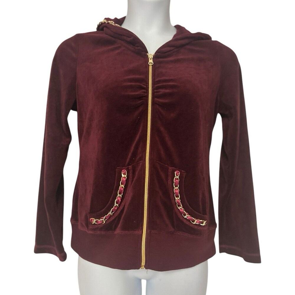 Monroe & Main Velour Tracksuit Burgundy Chain Trim Zipper Jacket Active Pant Set - Picture 9 of 16